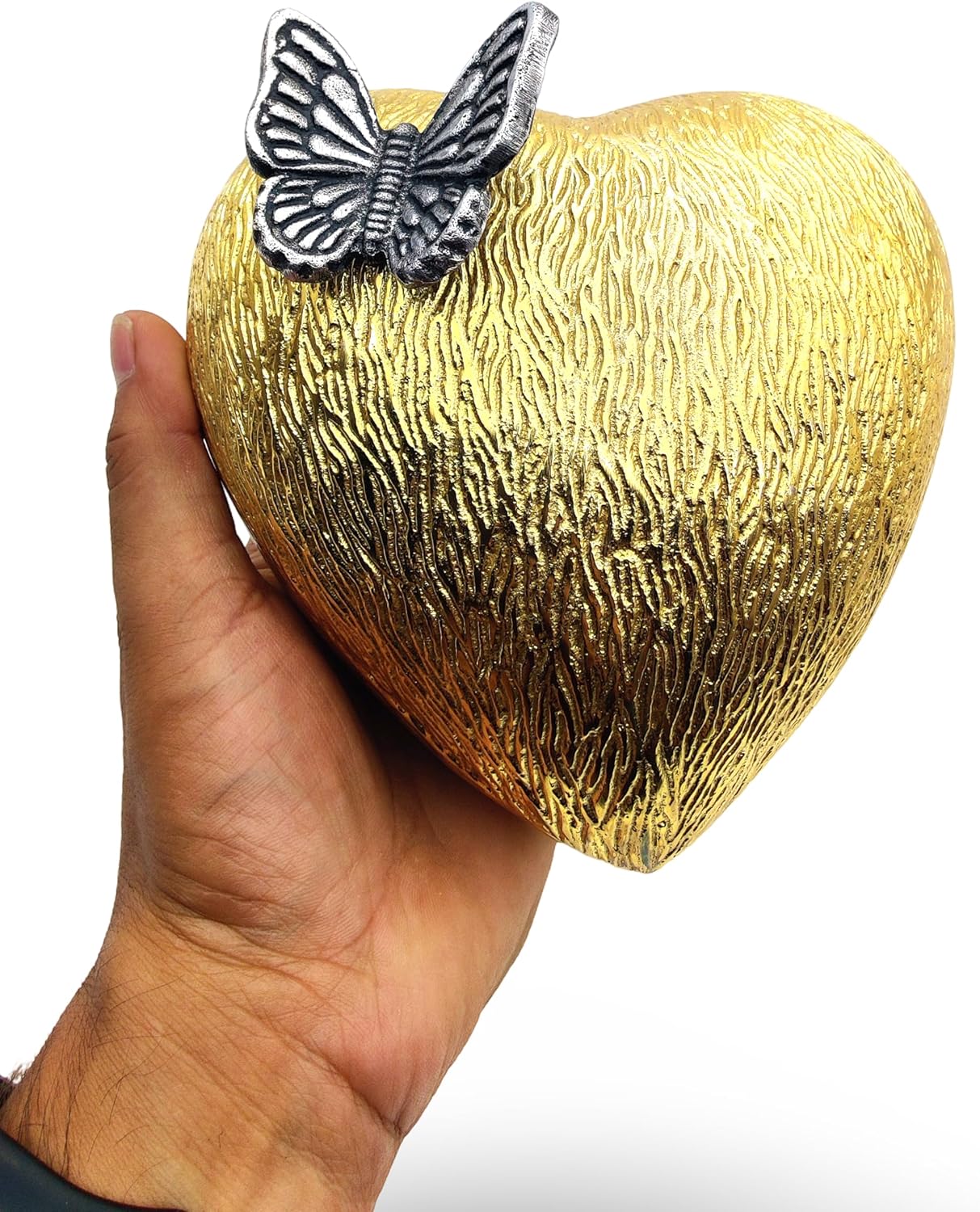 Gold Finish Heart Keepsake Urn – Large Heart Cremation Urn with Hand-Shaped Stand and Butterfly Design