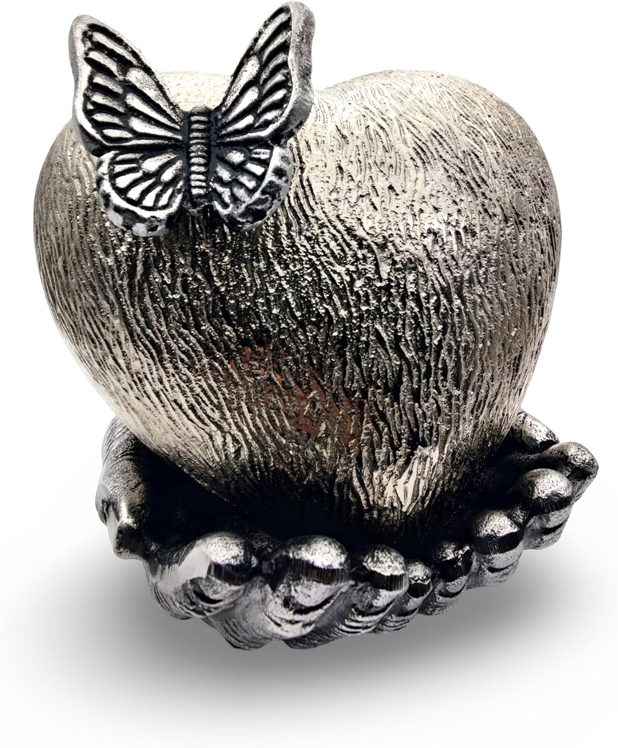 Chrome Cremation Heart Urn with Butterfly for Ashes – Memorial Keepsake with Hand-Shaped Stand for Women and Men