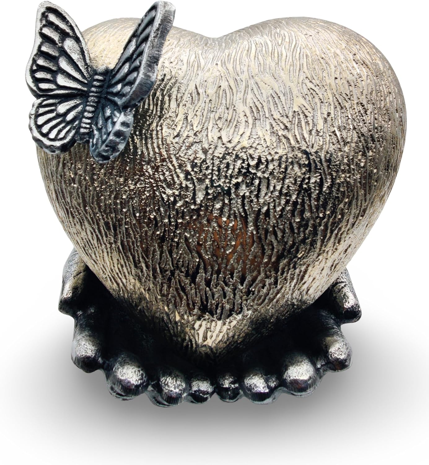 Chrome Cremation Heart Urn with Butterfly for Ashes – Memorial Keepsake with Hand-Shaped Stand for Women and Men