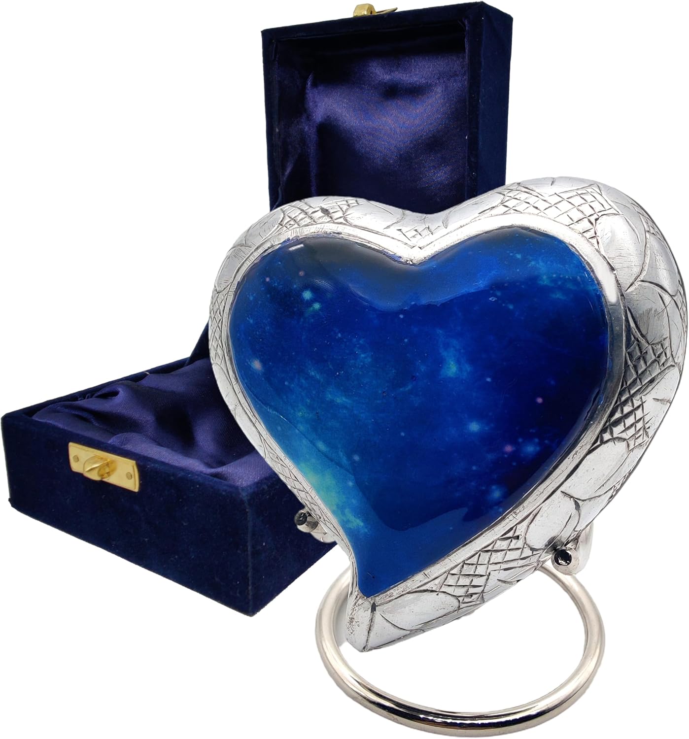 Galaxy Heart Urn for Human Ashes – Funeral Cremation Urn with Blue Starry Sky Design and Velvet Box