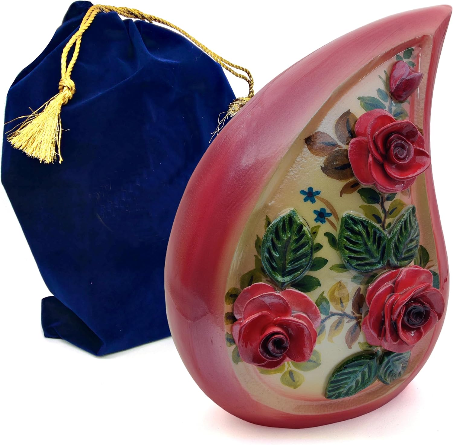 Hand-Painted 3D Pink Rose Teardrop Cremation Urn for Human Ashes – 10-inch Keepsake Urn for Adults with Velvet Bag