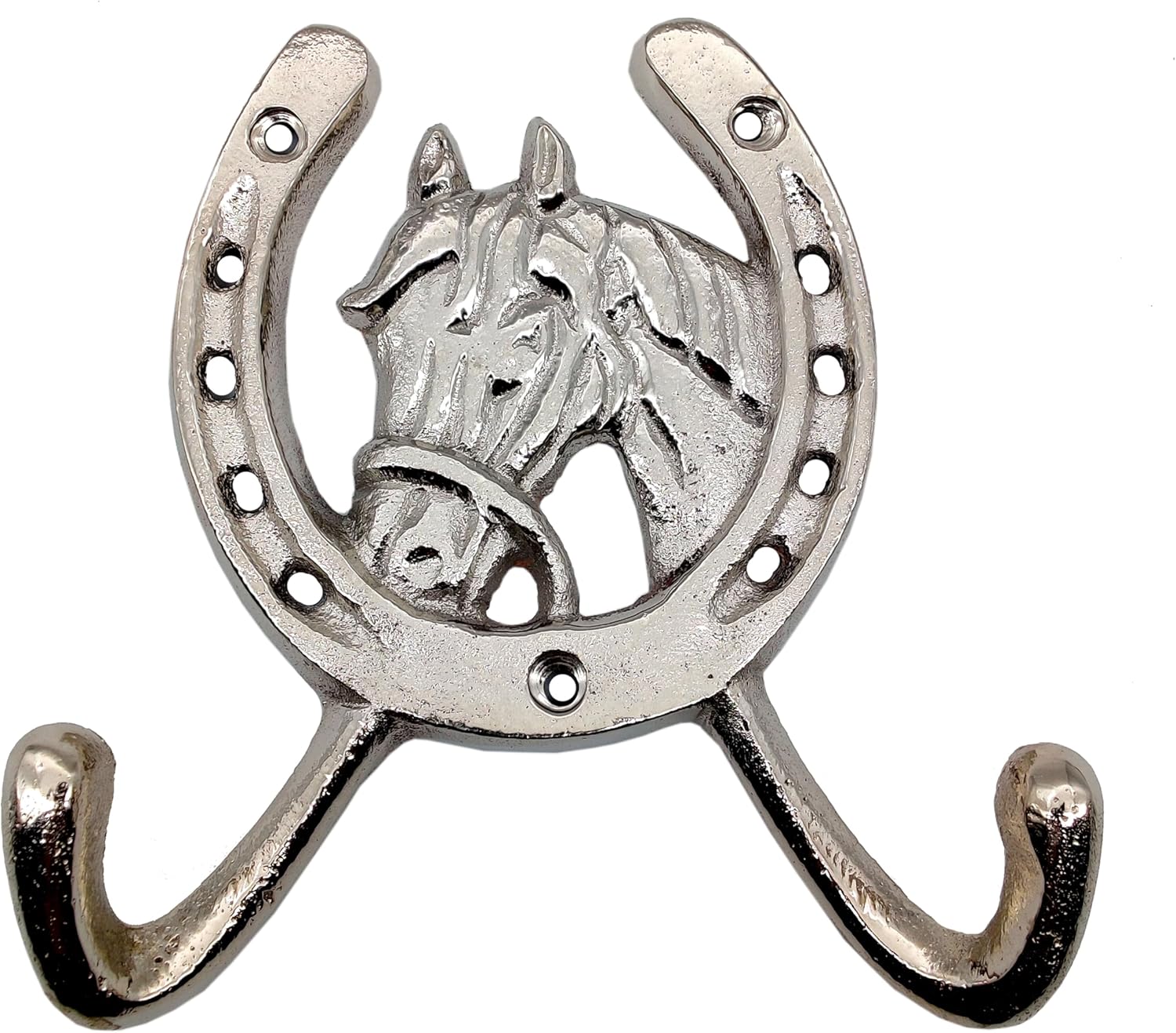 Handcrafted Horse Head Coat Hook – Rustic Wall Mounted Rack with Horseshoe, Chrome Finish for Towel & Hats