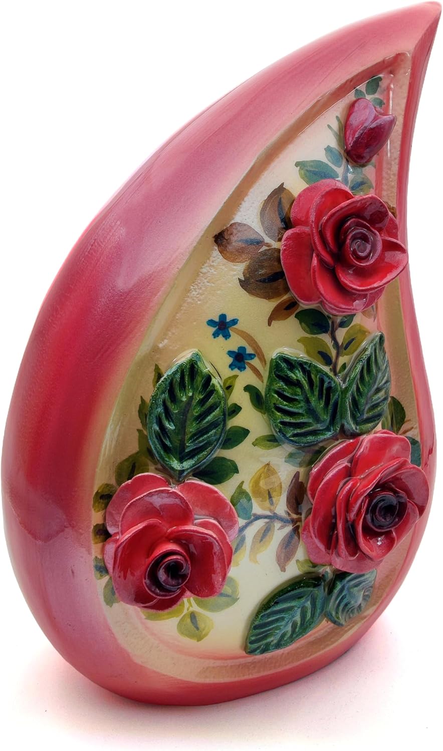 Hand-Painted 3D Pink Rose Teardrop Cremation Urn for Human Ashes – 10-inch Keepsake Urn for Adults with Velvet Bag