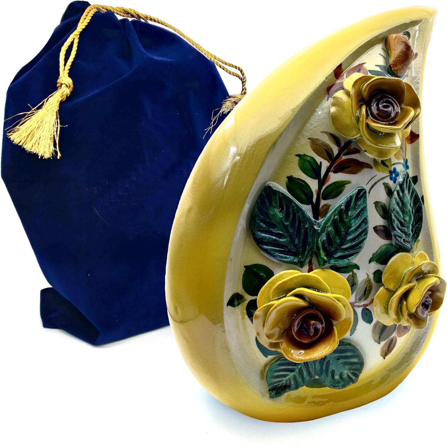 Teardrop Cremation Urn with Hand-Painted 3D Yellow Roses – 10-Inch Urn for Human Ashes with Velvet Bag