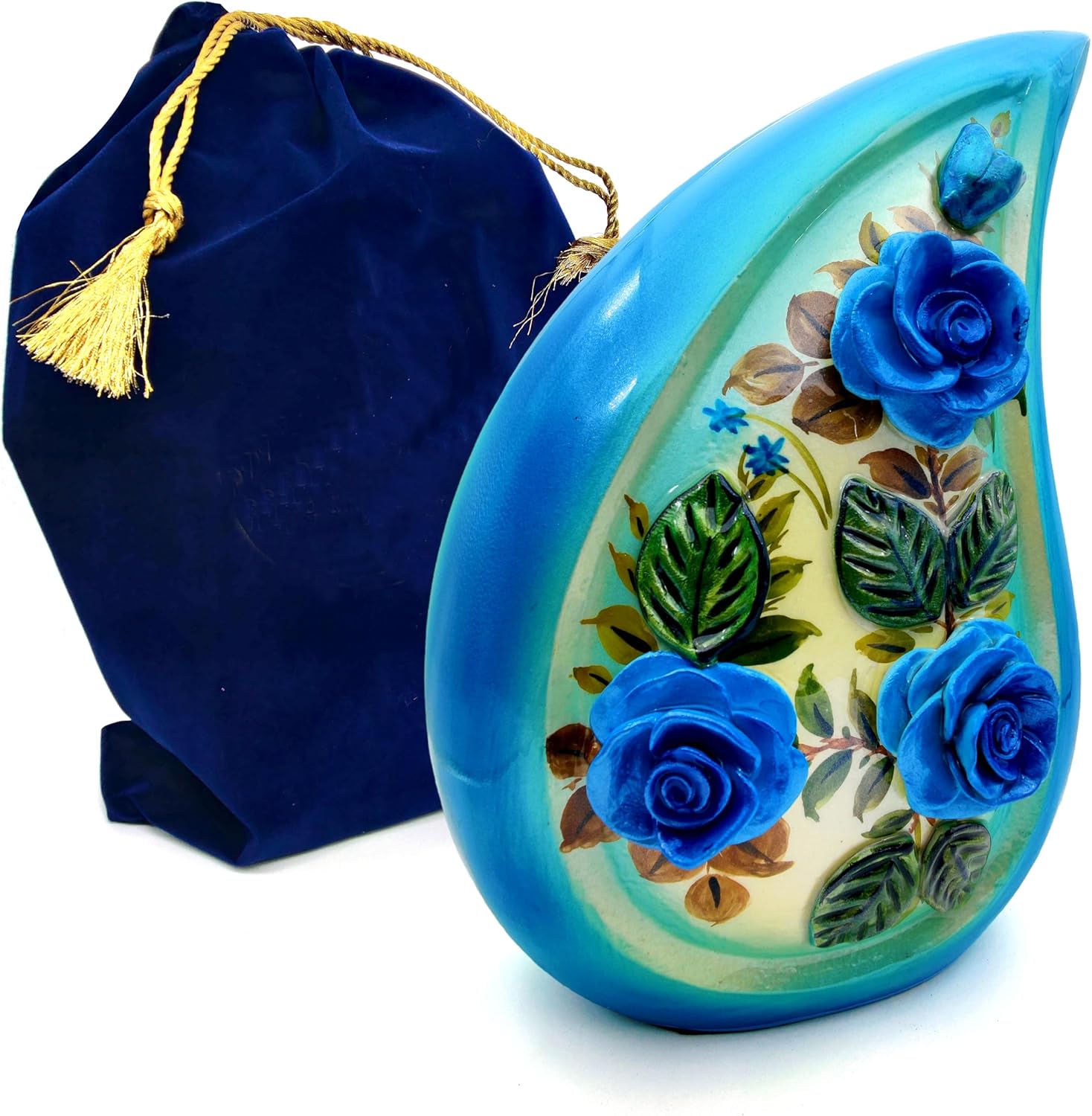 Teardrop Hand-Painted Cremation Urn with 3D Blue Roses – Large 10-Inch Funeral Urn for Human Ashes with Velvet Bag