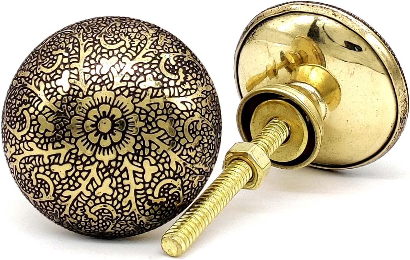 2 Pack Antique Brass Kitchen Cabinet Knobs Pulls – Vintage Round Dresser Drawer Handles with Floral Pattern