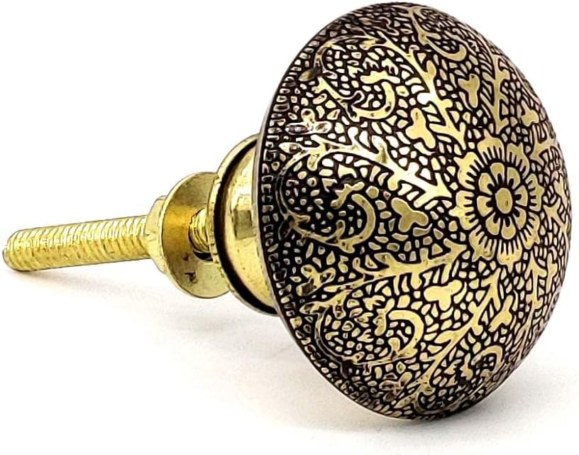 2 Pack Antique Brass Kitchen Cabinet Knobs Pulls – Vintage Round Dresser Drawer Handles with Floral Pattern