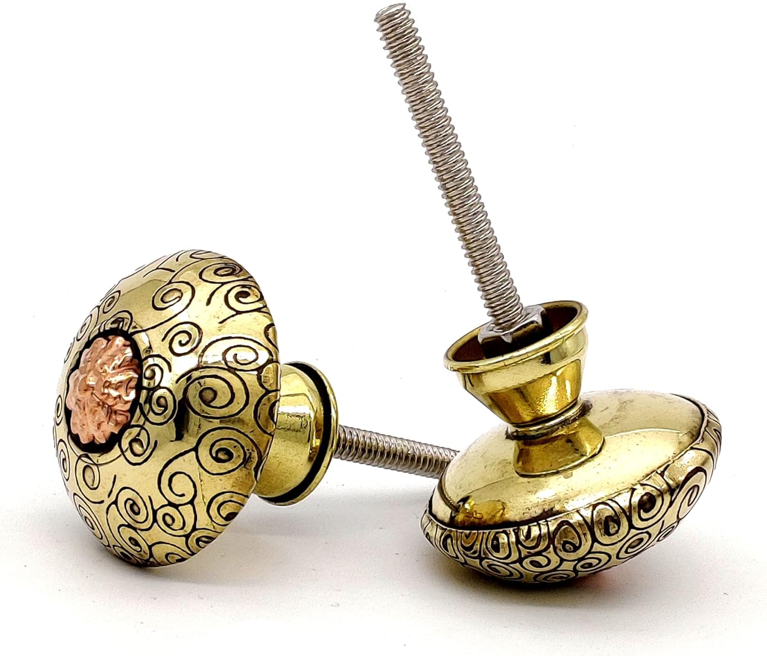 Set of 4 Brass and Copper Door Knobs – Handmade Engraved Drawer Pulls for Cabinets and Cupboards